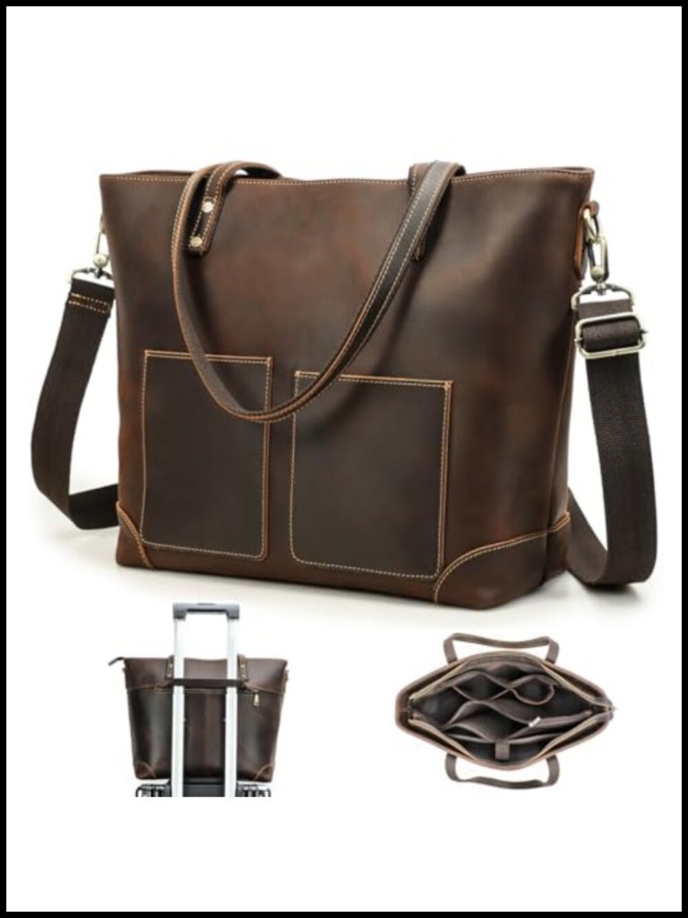 Full Grain Crazy Horse Leather Tote Bag Laptop Work Travel Handbag
